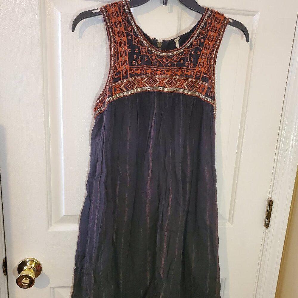 Free People Size 2 Aztec Bib Dress Black Rust Beaded Embroidered Gauze Festival